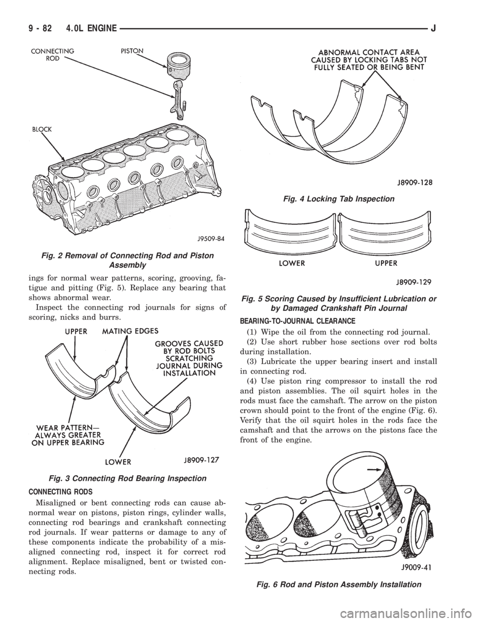 JEEP WRANGLER 1995  Owners Manual Fig. 3 Connecting Rod Bearing Inspection
Fig. 4 Locking Tab Inspection
Fig. 5 Scoring Caused by Insufficient Lubrication or
by Damaged Crankshaft Pin Journal
Fig. 6 Rod and Piston Assembly Installatio