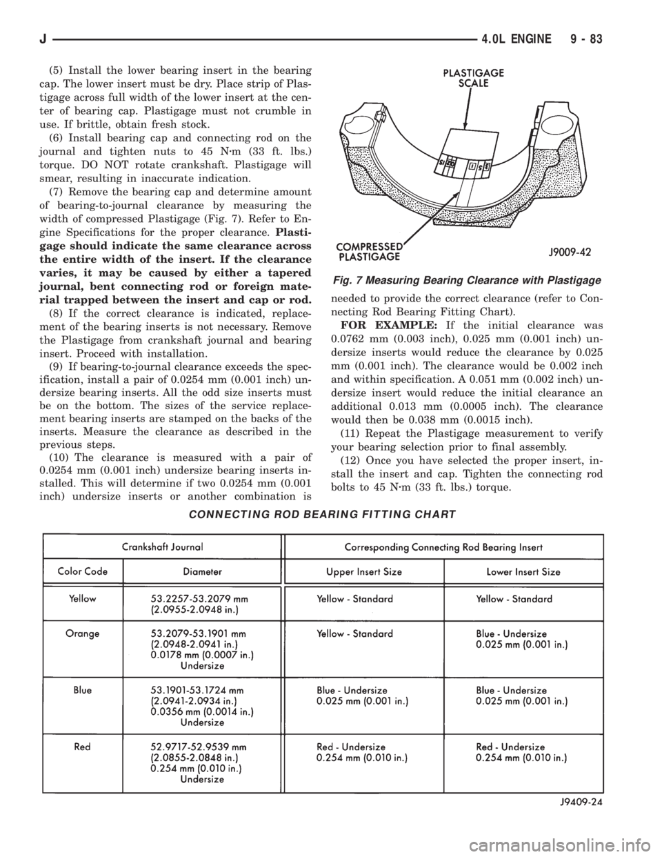 JEEP WRANGLER 1995  Owners Manual J4.0L ENGINE 9 - 83 