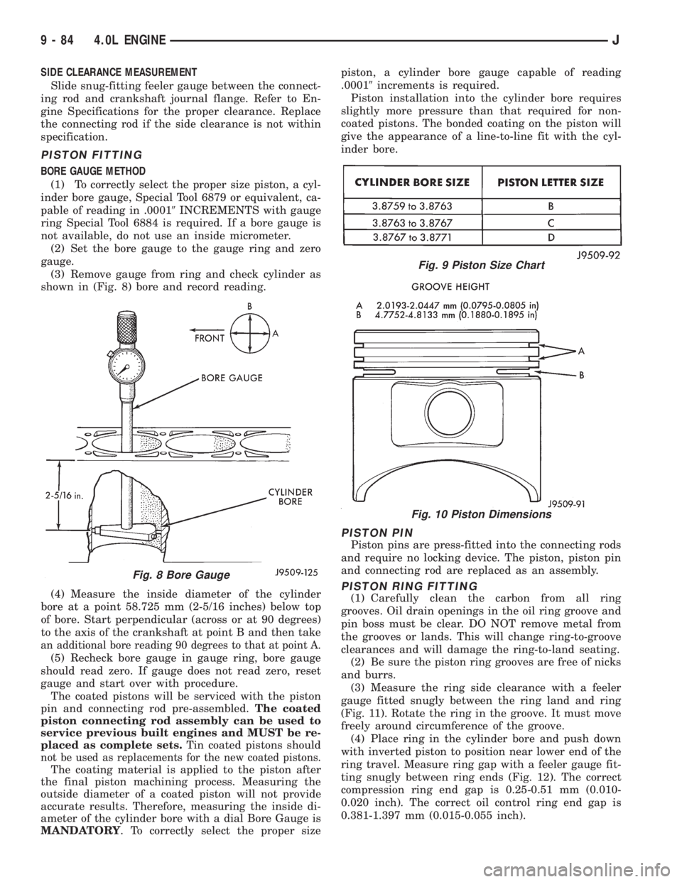JEEP WRANGLER 1995  Owners Manual Fig. 9 Piston Size Chart
Fig. 10 Piston Dimensions
9 - 84 4.0L ENGINEJ 