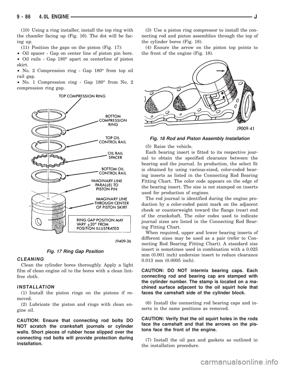 JEEP WRANGLER 1995  Owners Manual Fig. 18 Rod and Piston Assembly Installation
9 - 86 4.0L ENGINEJ 