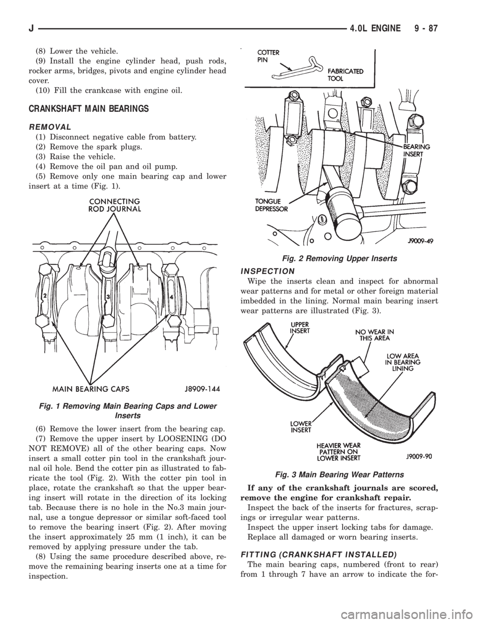 JEEP WRANGLER 1995  Owners Manual Fig. 2 Removing Upper Inserts
Fig. 3 Main Bearing Wear Patterns
J4.0L ENGINE 9 - 87 