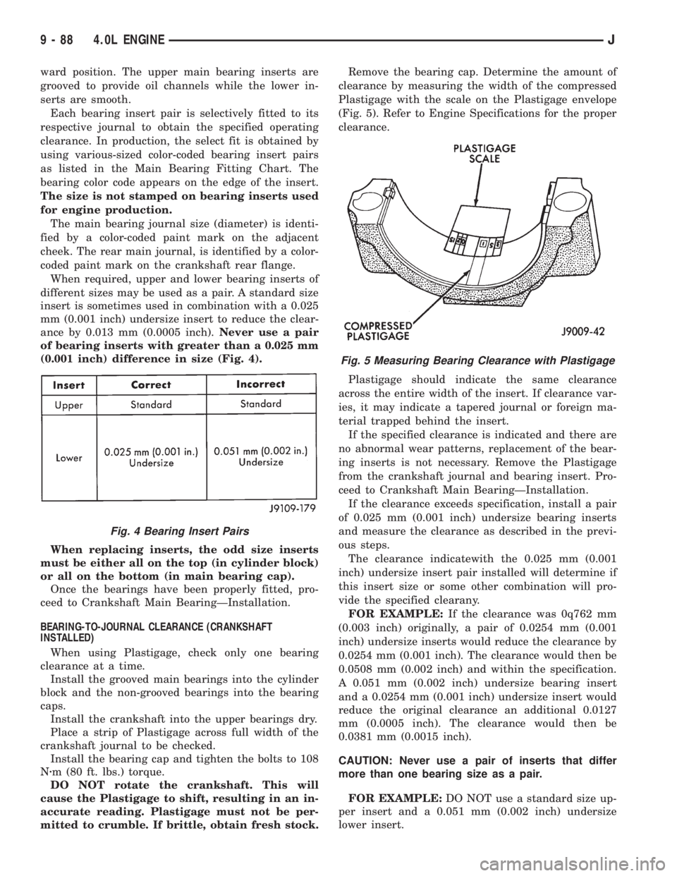 JEEP WRANGLER 1995  Owners Manual Fig. 5 Measuring Bearing Clearance with Plastigage
9 - 88 4.0L ENGINEJ 