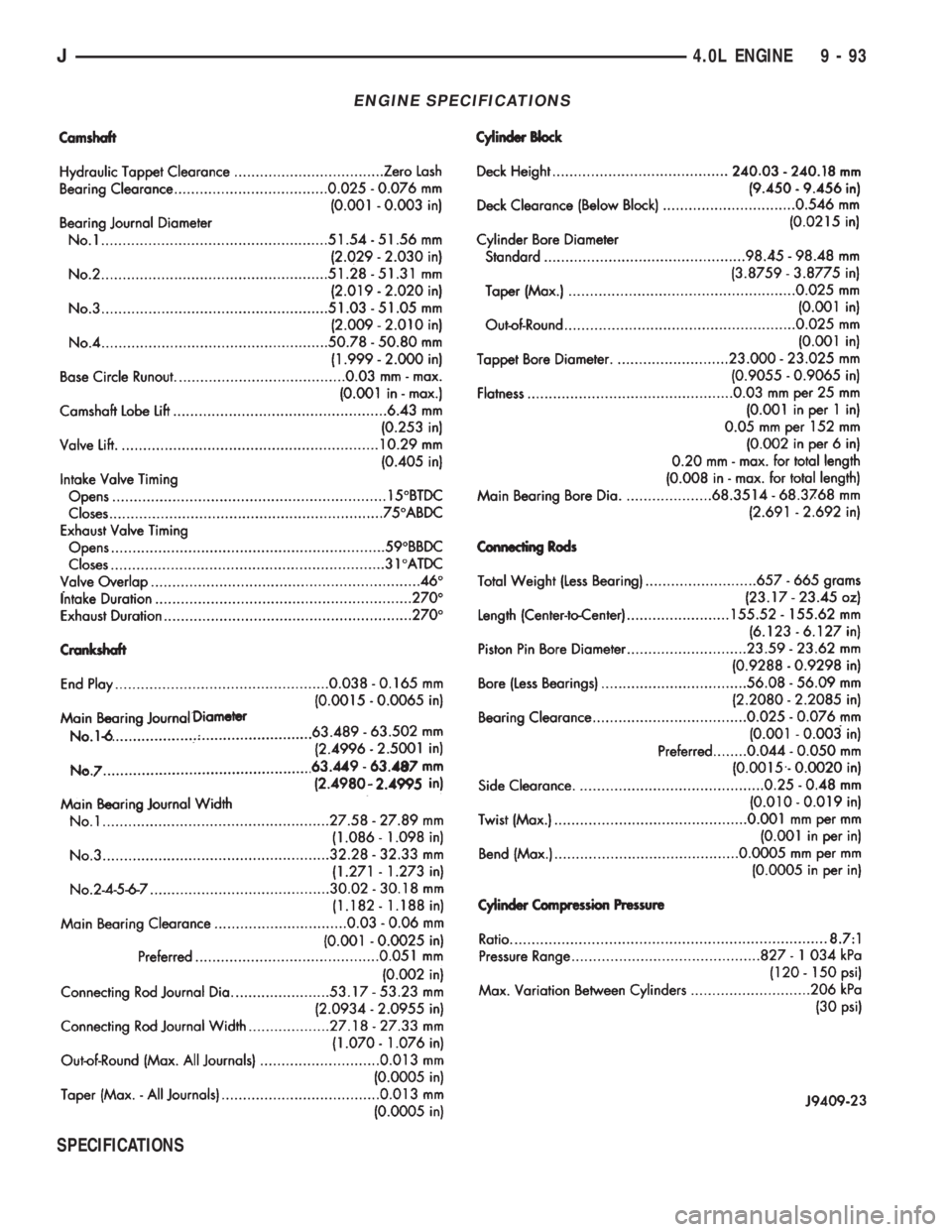 JEEP WRANGLER 1995  Owners Manual J4.0L ENGINE 9 - 93 