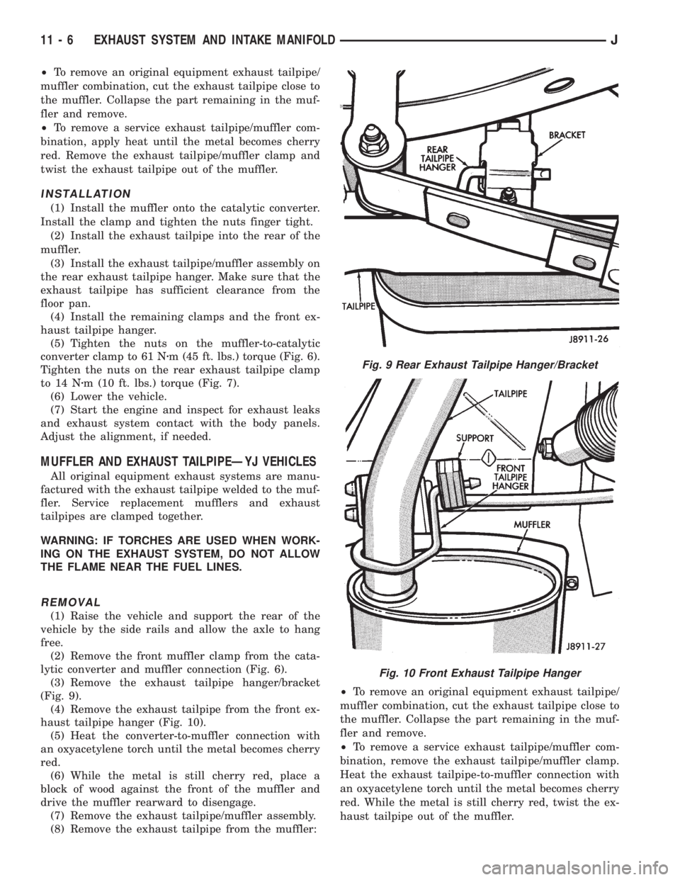 JEEP WRANGLER 1995  Owners Manual Fig. 10 Front Exhaust Tailpipe Hanger
11 - 6 EXHAUST SYSTEM AND INTAKE MANIFOLDJ 
