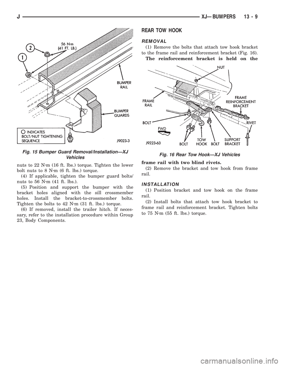 JEEP WRANGLER 1995  Owners Manual Fig. 16 Rear Tow HookÐXJ Vehicles
JXJÐBUMPERS 13 - 9 