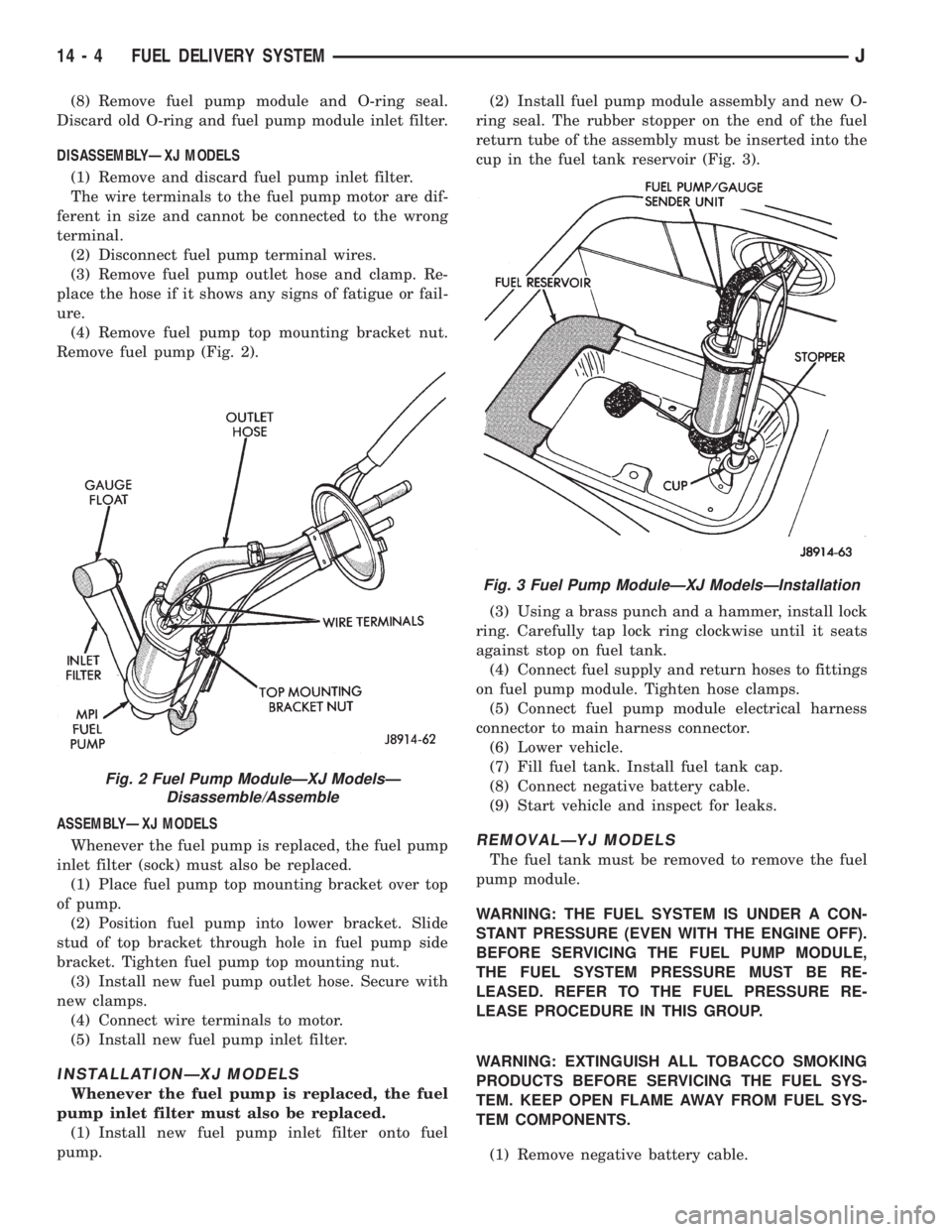 JEEP WRANGLER 1995  Owners Manual Fig. 3 Fuel Pump ModuleÐXJ ModelsÐInstallation
14 - 4 FUEL DELIVERY SYSTEMJ 