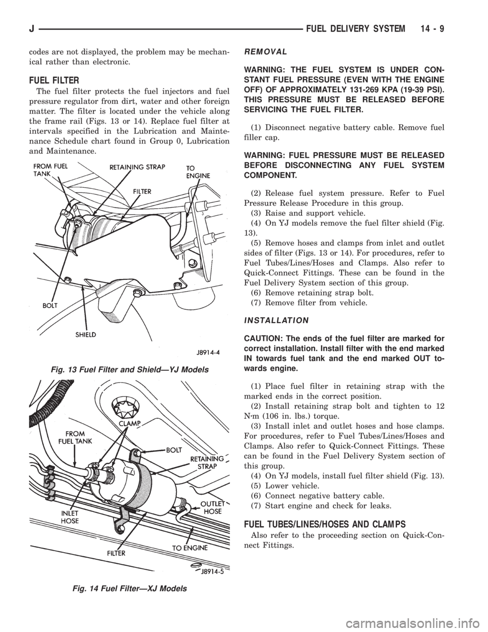 JEEP WRANGLER 1995  Owners Manual Fig. 14 Fuel FilterÐXJ Models
JFUEL DELIVERY SYSTEM 14 - 9 