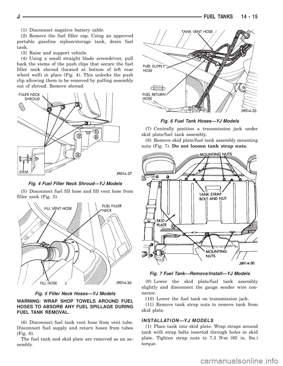 JEEP WRANGLER 1995  Owners Manual Fig. 5 Filler Neck HosesÐYJ Models
Fig. 6 Fuel Tank HosesÐYJ Models
Fig. 7 Fuel TankÐRemove/InstallÐYJ Models
JFUEL TANKS 14 - 15 