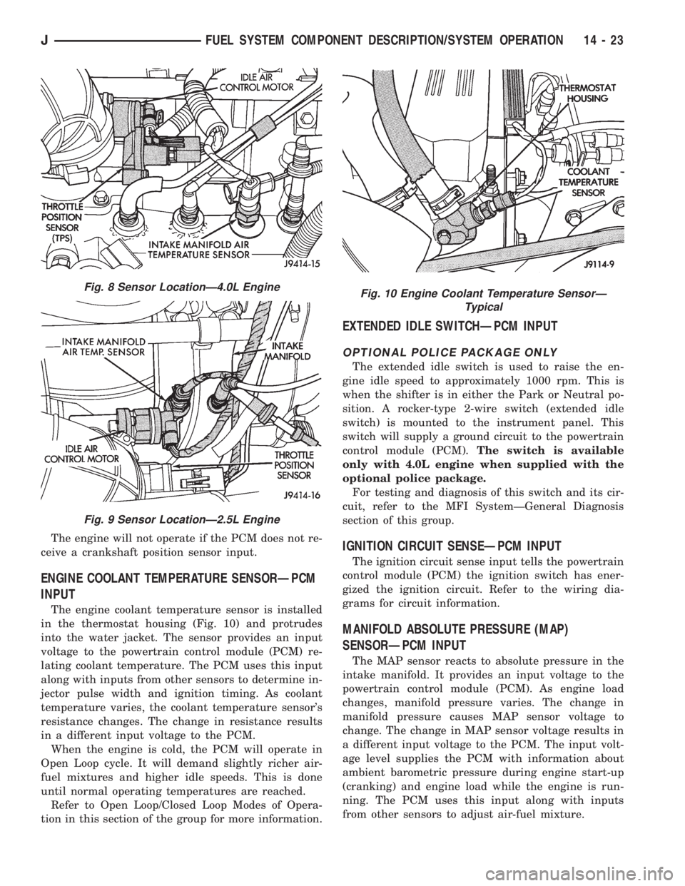 JEEP WRANGLER 1995  Owners Manual Fig. 9 Sensor LocationÐ2.5L Engine
Fig. 10 Engine Coolant Temperature SensorÐ
Typical
JFUEL SYSTEM COMPONENT DESCRIPTION/SYSTEM OPERATION 14 - 23 