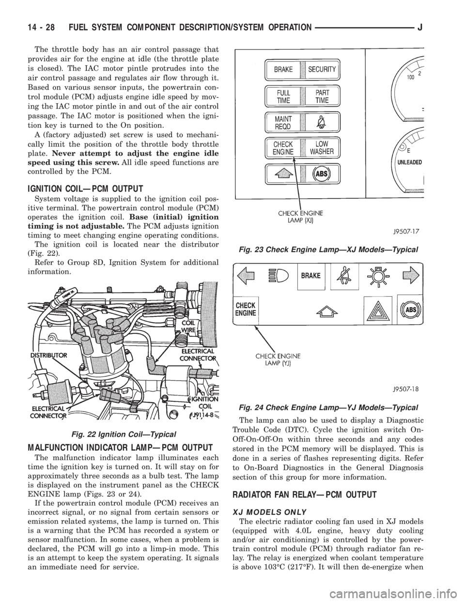 JEEP WRANGLER 1995  Owners Manual Fig. 23 Check Engine LampÐXJ ModelsÐTypical
Fig. 24 Check Engine LampÐYJ ModelsÐTypical
14 - 28 FUEL SYSTEM COMPONENT DESCRIPTION/SYSTEM OPERATIONJ 