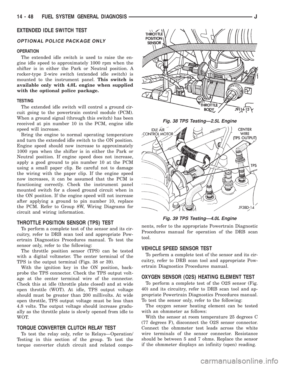 JEEP WRANGLER 1995  Owners Manual Fig. 39 TPS TestingÐ4.0L Engine
14 - 48 FUEL SYSTEM GENERAL DIAGNOSISJ 