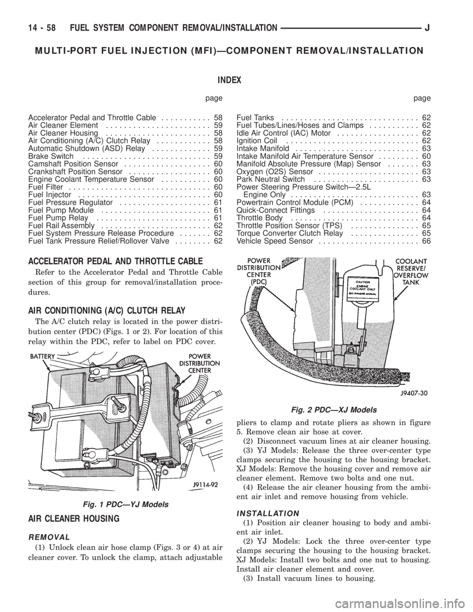 JEEP WRANGLER 1995  Owners Manual Fig. 2 PDCÐXJ Models
14 - 58 FUEL SYSTEM COMPONENT REMOVAL/INSTALLATIONJ 