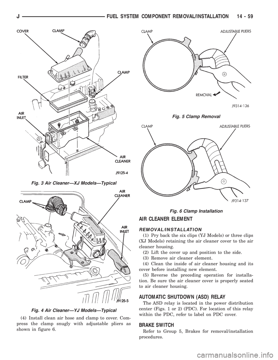 JEEP WRANGLER 1995  Owners Manual Fig. 4 Air CleanerÐYJ ModelsÐTypical
Fig. 5 Clamp Removal
Fig. 6 Clamp Installation
JFUEL SYSTEM COMPONENT REMOVAL/INSTALLATION 14 - 59 