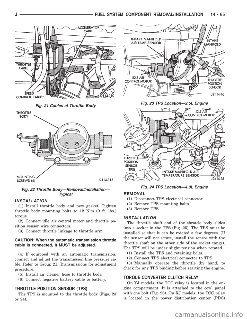 JEEP WRANGLER 1995  Owners Manual Fig. 22 Throttle BodyÐRemoval/InstallationÐ
Typical
Fig. 23 TPS LocationÐ2.5L Engine
Fig. 24 TPS LocationÐ4.0L Engine
JFUEL SYSTEM COMPONENT REMOVAL/INSTALLATION 14 - 65 