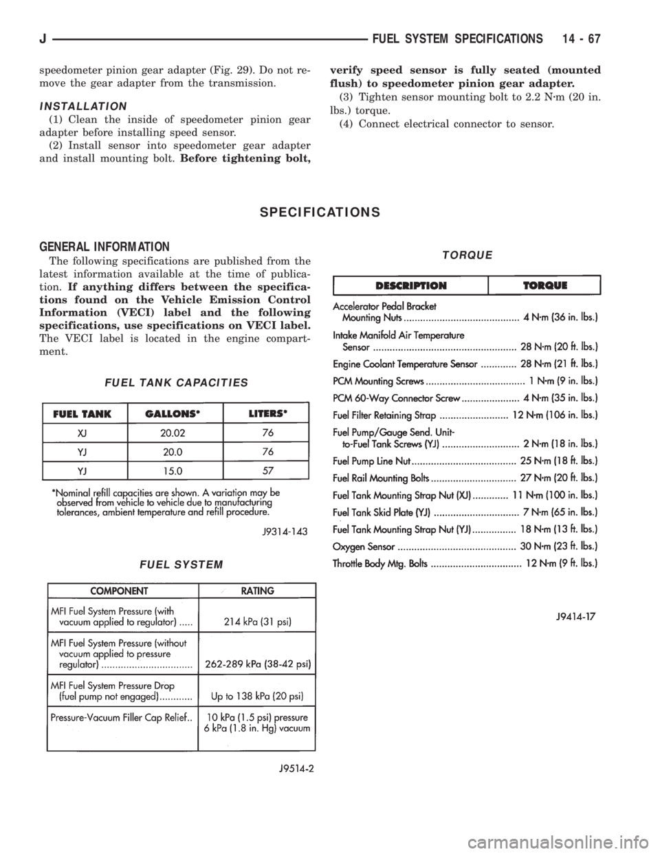 JEEP WRANGLER 1995  Owners Manual FUEL SYSTEM
TORQUE
JFUEL SYSTEM SPECIFICATIONS 14 - 67 
