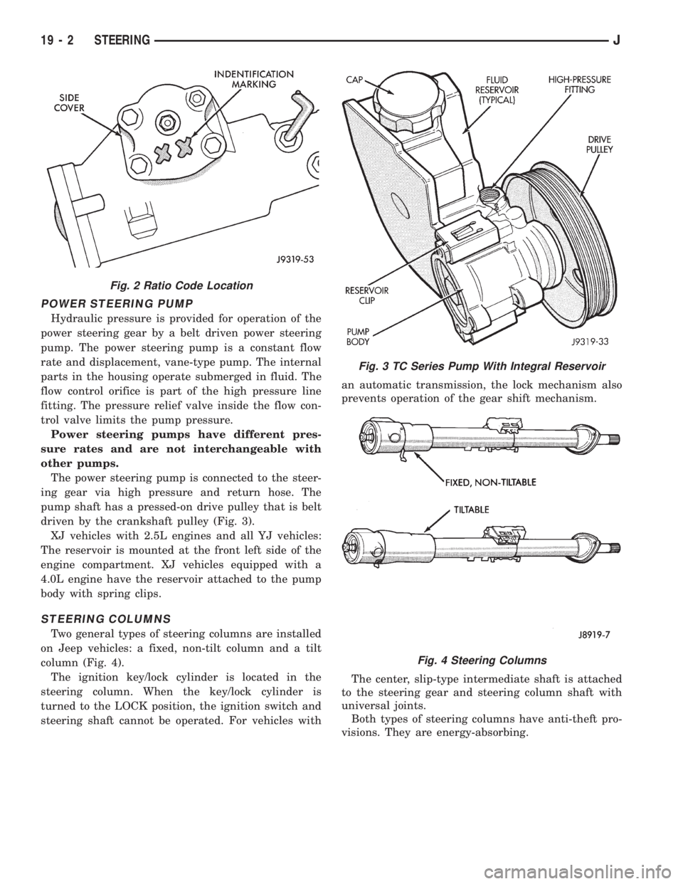 JEEP WRANGLER 1995  Owners Manual Fig. 3 TC Series Pump With Integral Reservoir
Fig. 4 Steering Columns
19 - 2 STEERINGJ 