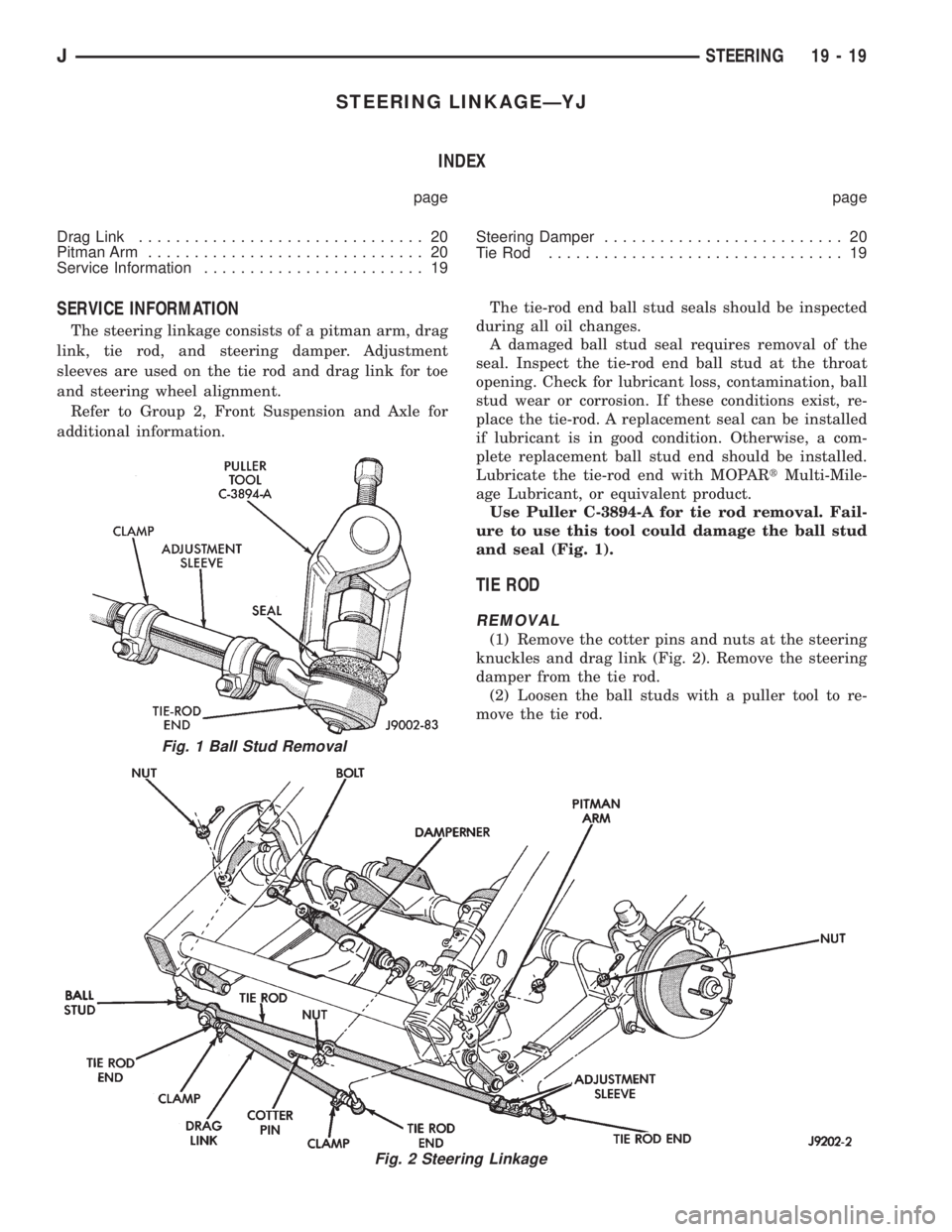 JEEP WRANGLER 1995  Owners Manual Fig. 2 Steering Linkage
JSTEERING 19 - 19 