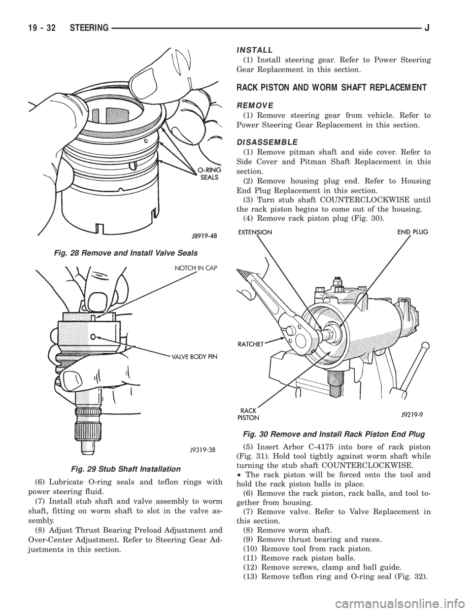 JEEP WRANGLER 1995  Owners Manual Fig. 29 Stub Shaft Installation
Fig. 30 Remove and Install Rack Piston End Plug
19 - 32 STEERINGJ 