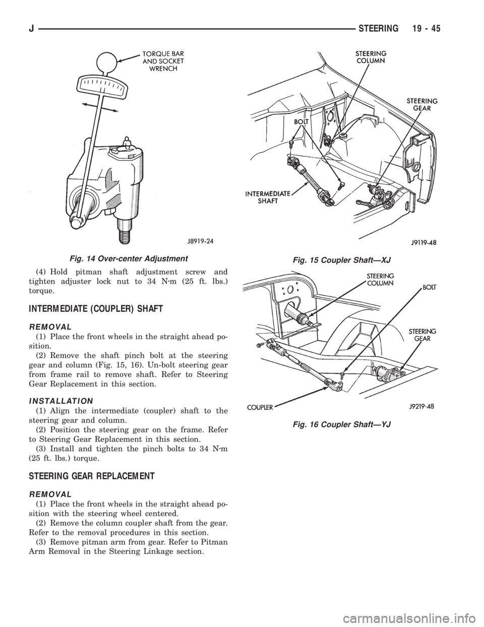 JEEP WRANGLER 1995  Owners Manual Fig. 15 Coupler ShaftÐXJ
Fig. 16 Coupler ShaftÐYJ
JSTEERING 19 - 45 