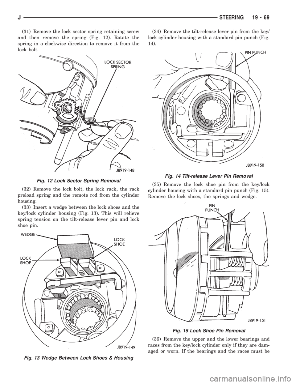 JEEP WRANGLER 1995  Owners Manual Fig. 13 Wedge Between Lock Shoes & Housing
Fig. 14 Tilt-release Lever Pin Removal
Fig. 15 Lock Shoe Pin Removal
JSTEERING 19 - 69 