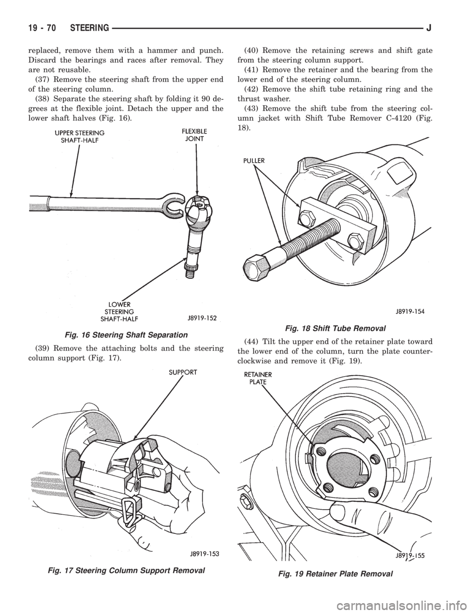 JEEP WRANGLER 1995  Owners Manual Fig. 17 Steering Column Support Removal
Fig. 18 Shift Tube Removal
Fig. 19 Retainer Plate Removal
19 - 70 STEERINGJ 