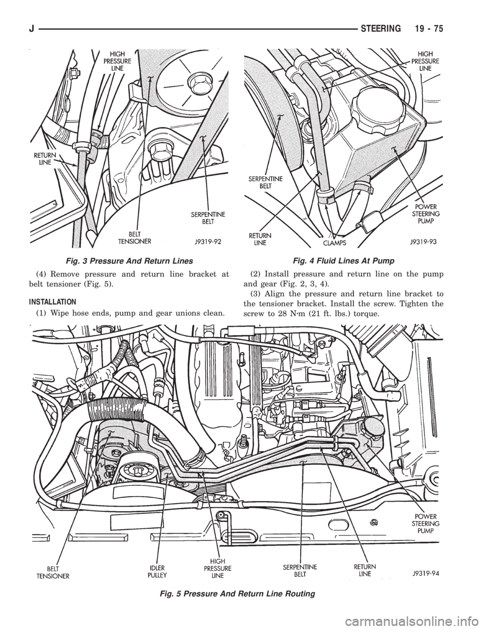 JEEP WRANGLER 1995  Owners Manual Fig. 5 Pressure And Return Line Routing
Fig. 3 Pressure And Return Lines
JSTEERING 19 - 75 