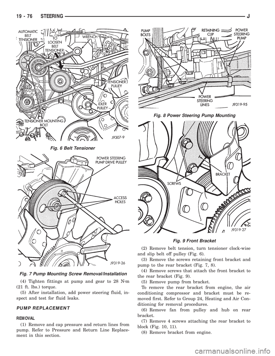 JEEP WRANGLER 1995  Owners Manual Fig. 7 Pump Mounting Screw Removal/Installation
Fig. 8 Power Steering Pump Mounting
Fig. 9 Front Bracket
19 - 76 STEERINGJ 