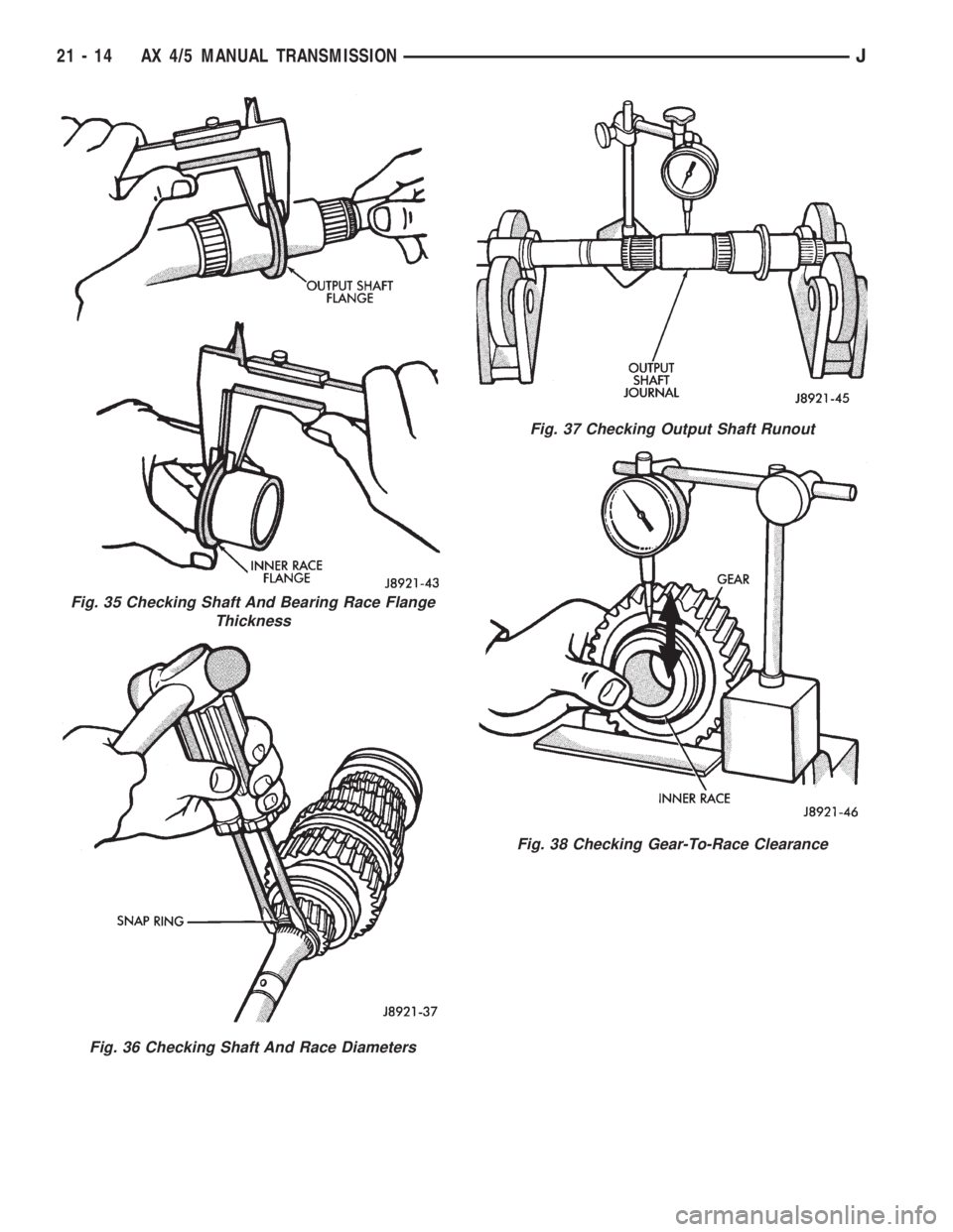 JEEP WRANGLER 1995  Owners Manual Fig. 36 Checking Shaft And Race Diameters
Fig. 37 Checking Output Shaft Runout
Fig. 38 Checking Gear-To-Race Clearance
21 - 14 AX 4/5 MANUAL TRANSMISSIONJ 