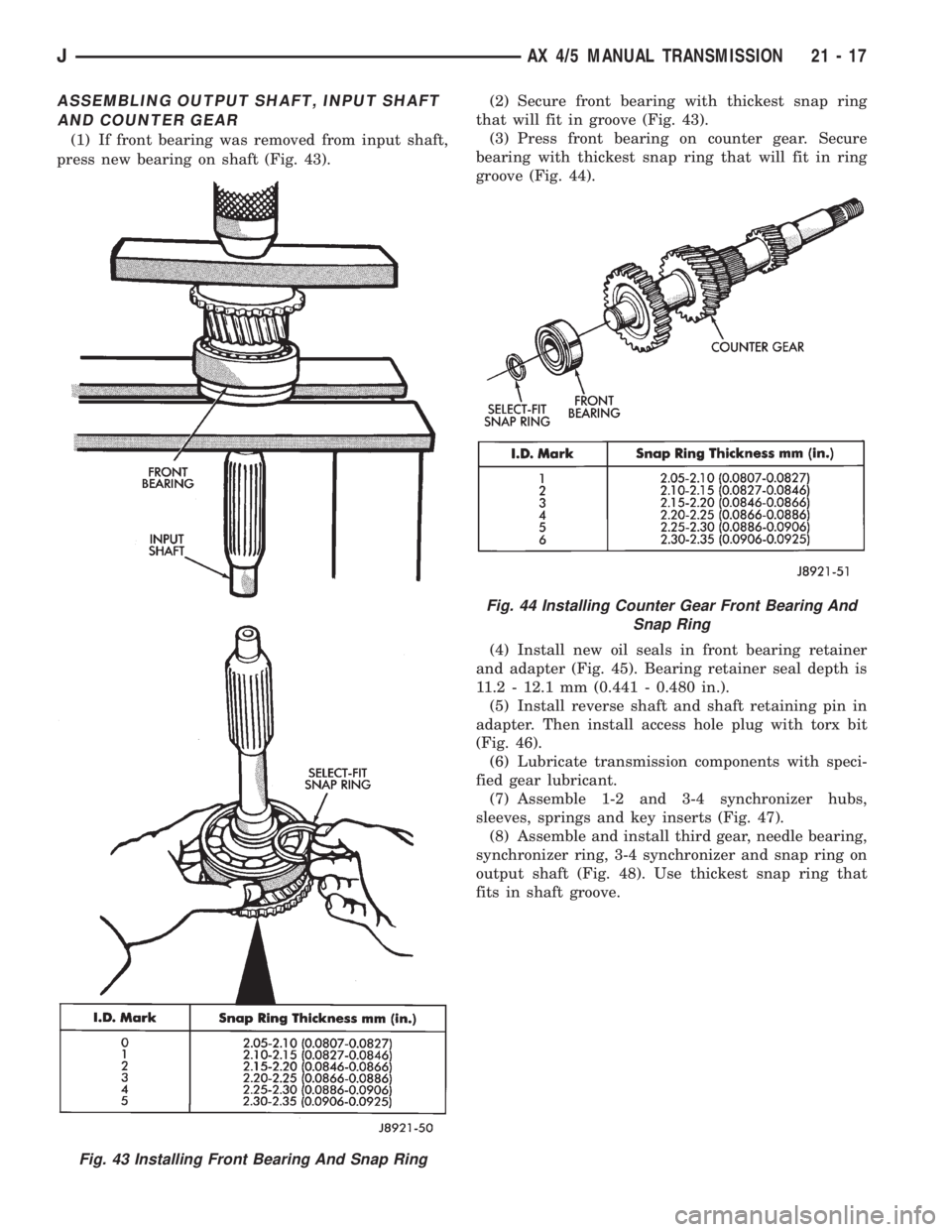 JEEP WRANGLER 1995  Owners Manual Fig. 44 Installing Counter Gear Front Bearing And
Snap Ring
JAX 4/5 MANUAL TRANSMISSION 21 - 17 