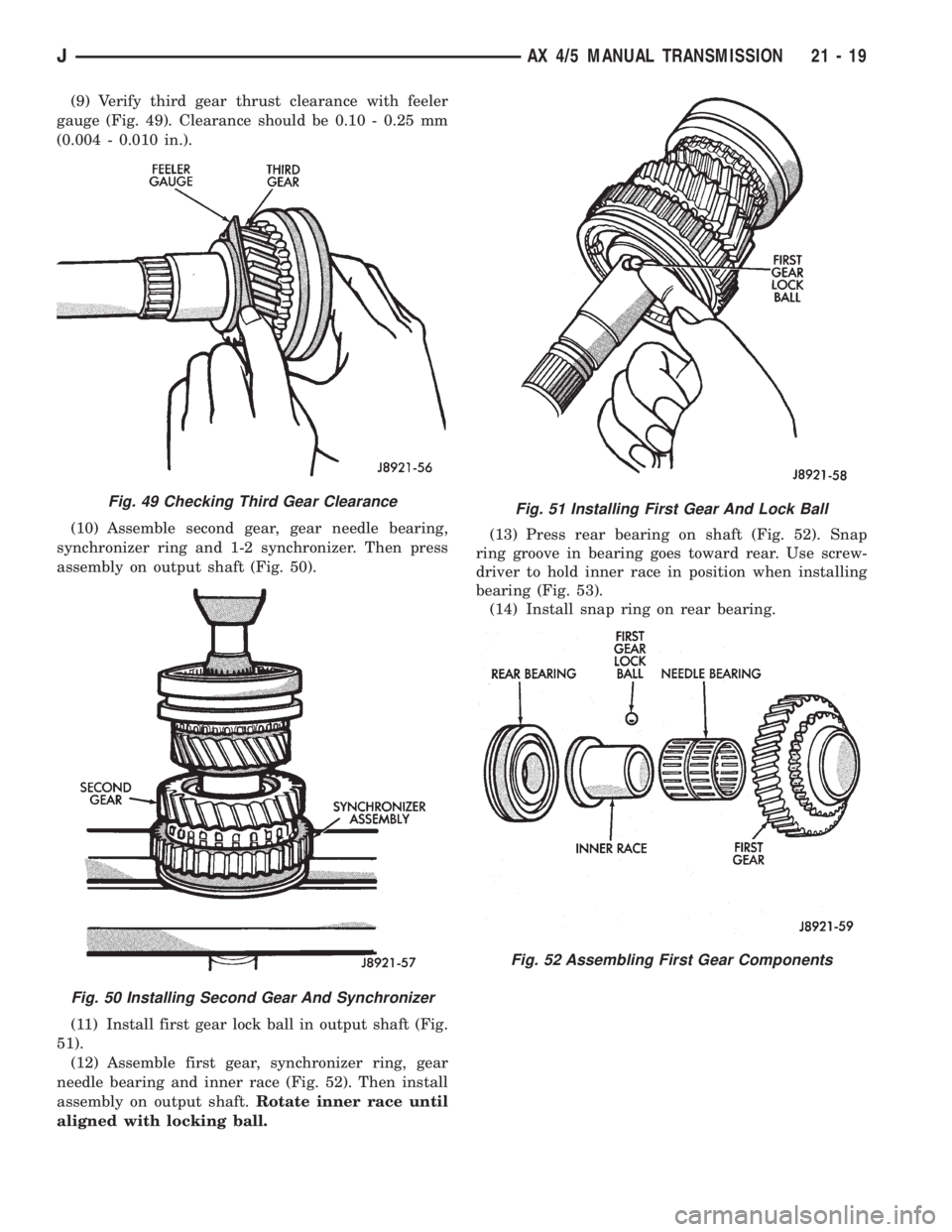 JEEP WRANGLER 1995  Owners Manual Fig. 50 Installing Second Gear And Synchronizer
Fig. 51 Installing First Gear And Lock Ball
Fig. 52 Assembling First Gear Components
JAX 4/5 MANUAL TRANSMISSION 21 - 19 