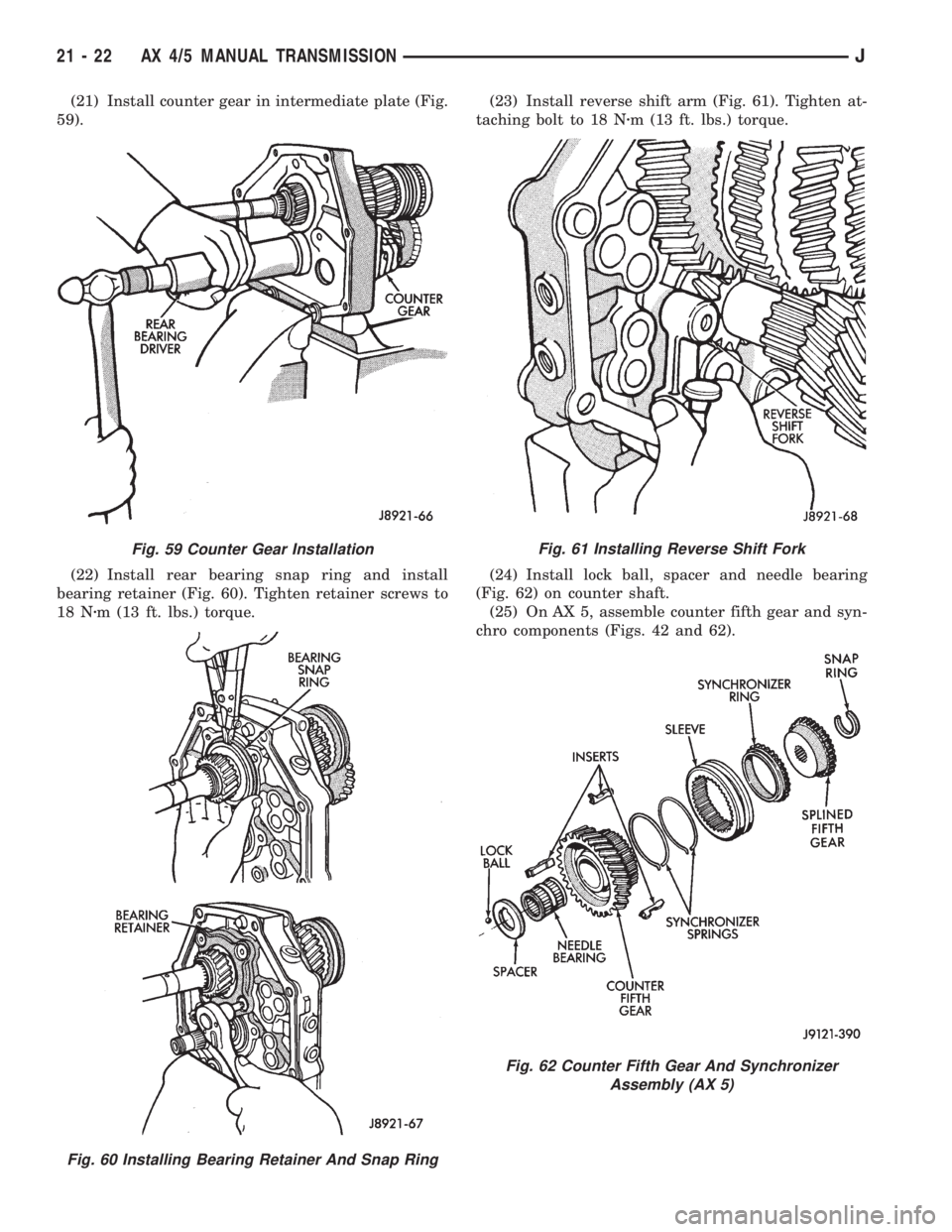 JEEP WRANGLER 1995  Owners Manual Fig. 60 Installing Bearing Retainer And Snap Ring
Fig. 61 Installing Reverse Shift Fork
Fig. 62 Counter Fifth Gear And Synchronizer
Assembly (AX 5)
21 - 22 AX 4/5 MANUAL TRANSMISSIONJ 