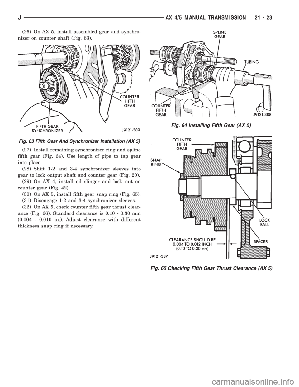 JEEP WRANGLER 1995  Owners Manual Fig. 63 Fifth Gear And Synchronizer Installation (AX 5)
Fig. 64 Installing Fifth Gear (AX 5)
JAX 4/5 MANUAL TRANSMISSION 21 - 23 