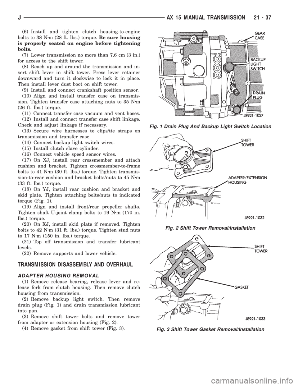 JEEP WRANGLER 1995  Owners Manual Fig. 2 Shift Tower Removal/Installation
Fig. 3 Shift Tower Gasket Removal/Installation
JAX 15 MANUAL TRANSMISSION 21 - 37 