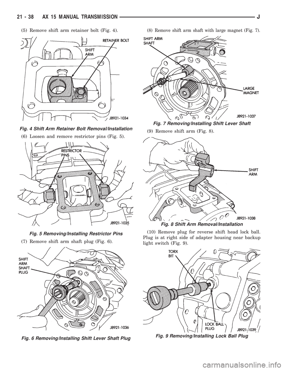 JEEP WRANGLER 1995  Owners Manual Fig. 5 Removing/Installing Restrictor Pins
Fig. 6 Removing/Installing Shift Lever Shaft Plug
Fig. 7 Removing/Installing Shift Lever Shaft
Fig. 8 Shift Arm Removal/Installation
Fig. 9 Removing/Installi
