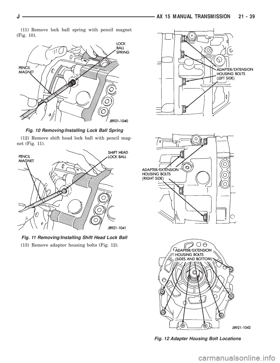 JEEP WRANGLER 1995  Owners Manual Fig. 11 Removing/Installing Shift Head Lock Ball
Fig. 12 Adapter Housing Bolt Locations
JAX 15 MANUAL TRANSMISSION 21 - 39 