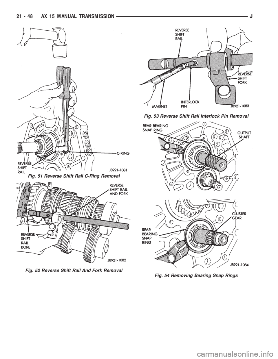 JEEP WRANGLER 1995  Owners Manual Fig. 52 Reverse Shift Rail And Fork Removal
Fig. 53 Reverse Shift Rail Interlock Pin Removal
Fig. 54 Removing Bearing Snap Rings
21 - 48 AX 15 MANUAL TRANSMISSIONJ 