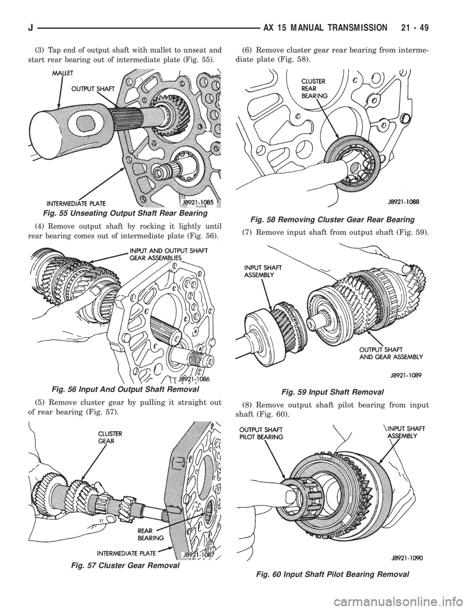 JEEP WRANGLER 1995  Owners Manual Fig. 56 Input And Output Shaft Removal
Fig. 57 Cluster Gear Removal
Fig. 58 Removing Cluster Gear Rear Bearing
Fig. 59 Input Shaft Removal
Fig. 60 Input Shaft Pilot Bearing Removal
JAX 15 MANUAL TRANS