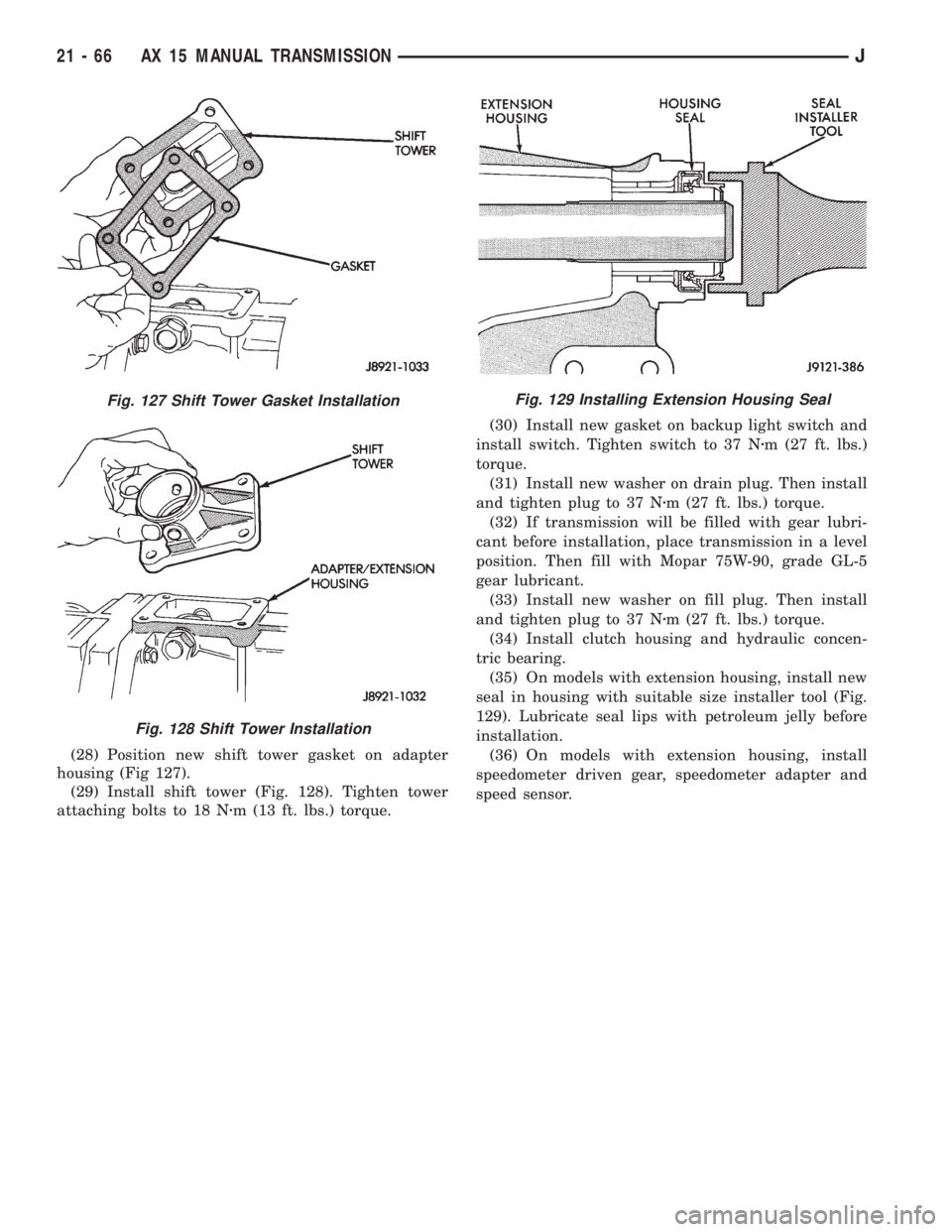 JEEP WRANGLER 1995  Owners Manual Fig. 128 Shift Tower Installation
Fig. 129 Installing Extension Housing Seal
21 - 66 AX 15 MANUAL TRANSMISSIONJ 
