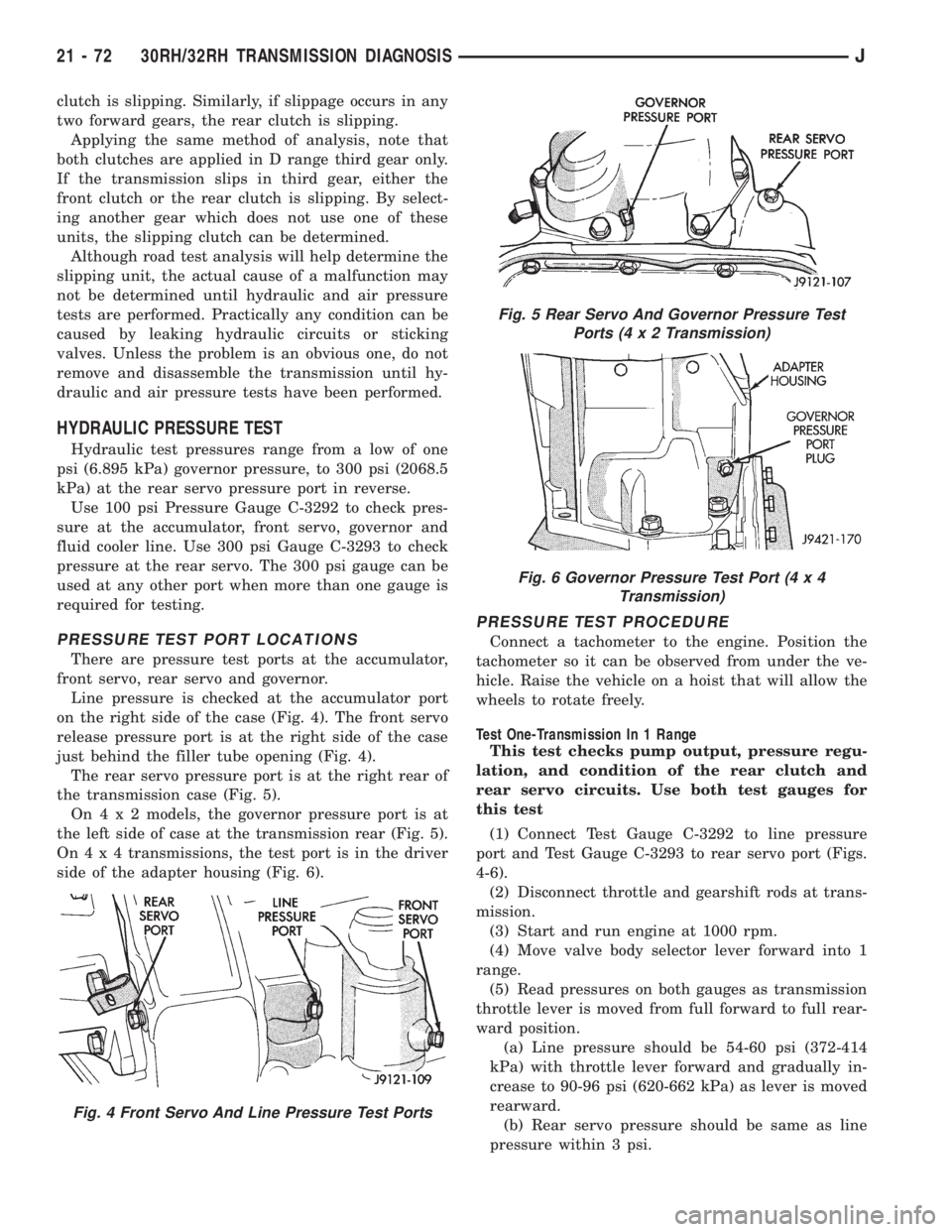 JEEP WRANGLER 1995  Owners Manual Fig. 5 Rear Servo And Governor Pressure Test
Ports (4x2Transmission)
Fig. 6 Governor Pressure Test Port (4 x 4
Transmission)
21 - 72 30RH/32RH TRANSMISSION DIAGNOSISJ 