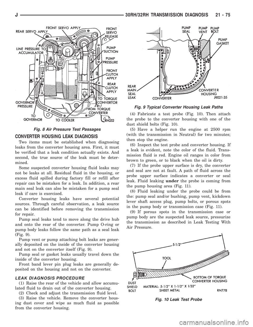 JEEP WRANGLER 1995  Owners Manual Fig. 9 Typical Converter Housing Leak Paths
Fig. 10 Leak Test Probe
J30RH/32RH TRANSMISSION DIAGNOSIS 21 - 75 