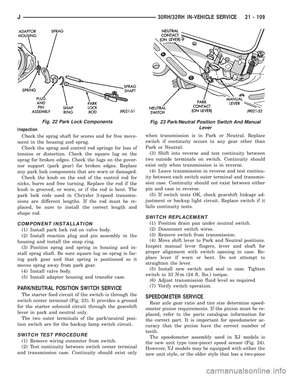JEEP WRANGLER 1995  Owners Manual Fig. 23 Park/Neutral Position Switch And Manual
Lever
J30RH/32RH IN-VEHICLE SERVICE 21 - 109 