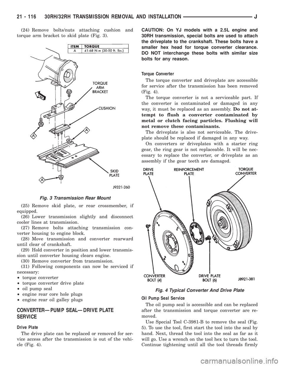 JEEP WRANGLER 1995  Owners Manual Fig. 4 Typical Converter And Drive Plate
21 - 116 30RH/32RH TRANSMISSION REMOVAL AND INSTALLATIONJ 
