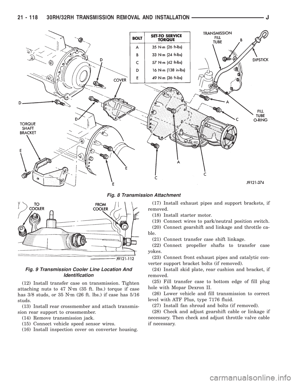 JEEP WRANGLER 1995  Owners Manual Fig. 9 Transmission Cooler Line Location And
Identification
21 - 118 30RH/32RH TRANSMISSION REMOVAL AND INSTALLATIONJ 