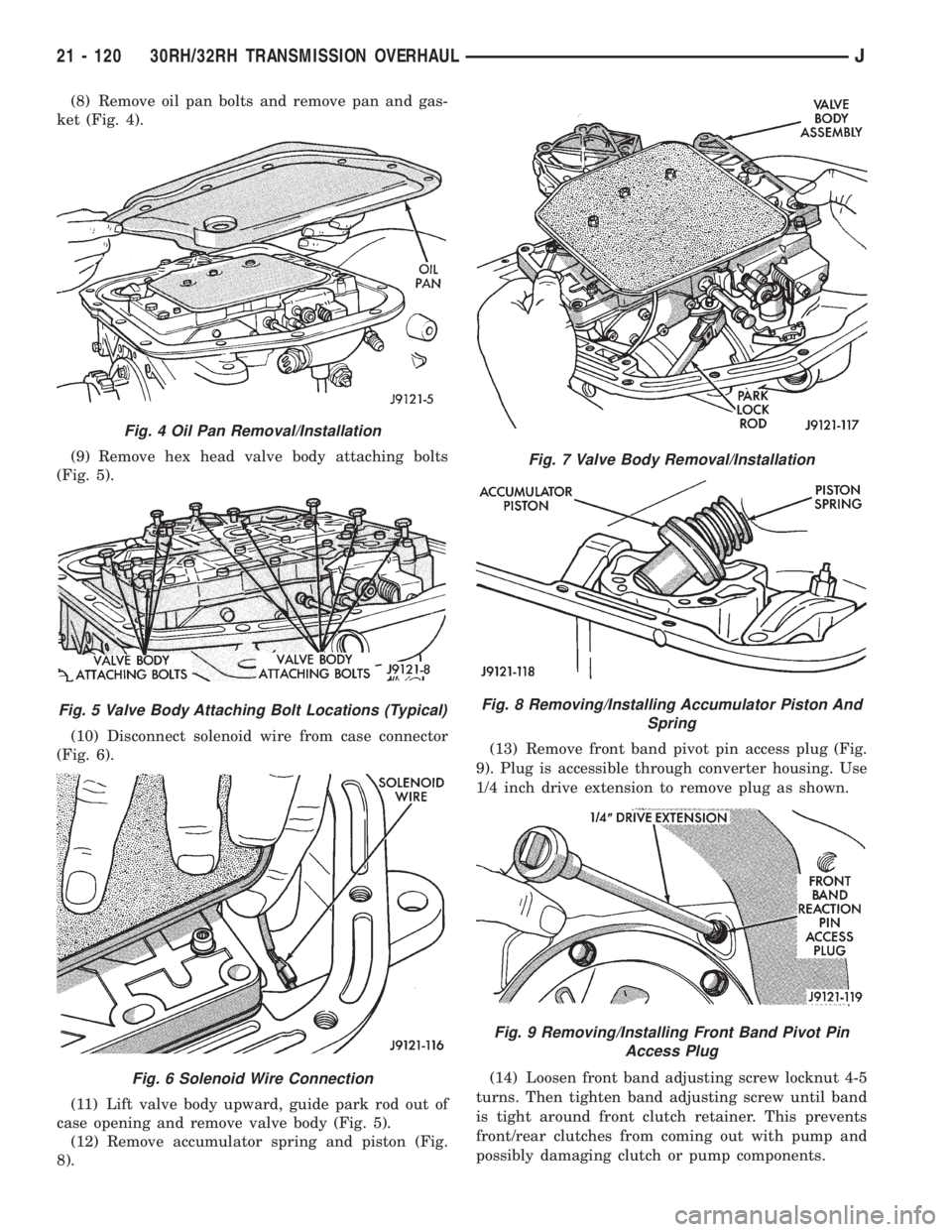 JEEP WRANGLER 1995  Owners Manual Fig. 5 Valve Body Attaching Bolt Locations (Typical)
Fig. 6 Solenoid Wire Connection
Fig. 7 Valve Body Removal/Installation
Fig. 8 Removing/Installing Accumulator Piston And
Spring
Fig. 9 Removing/Ins