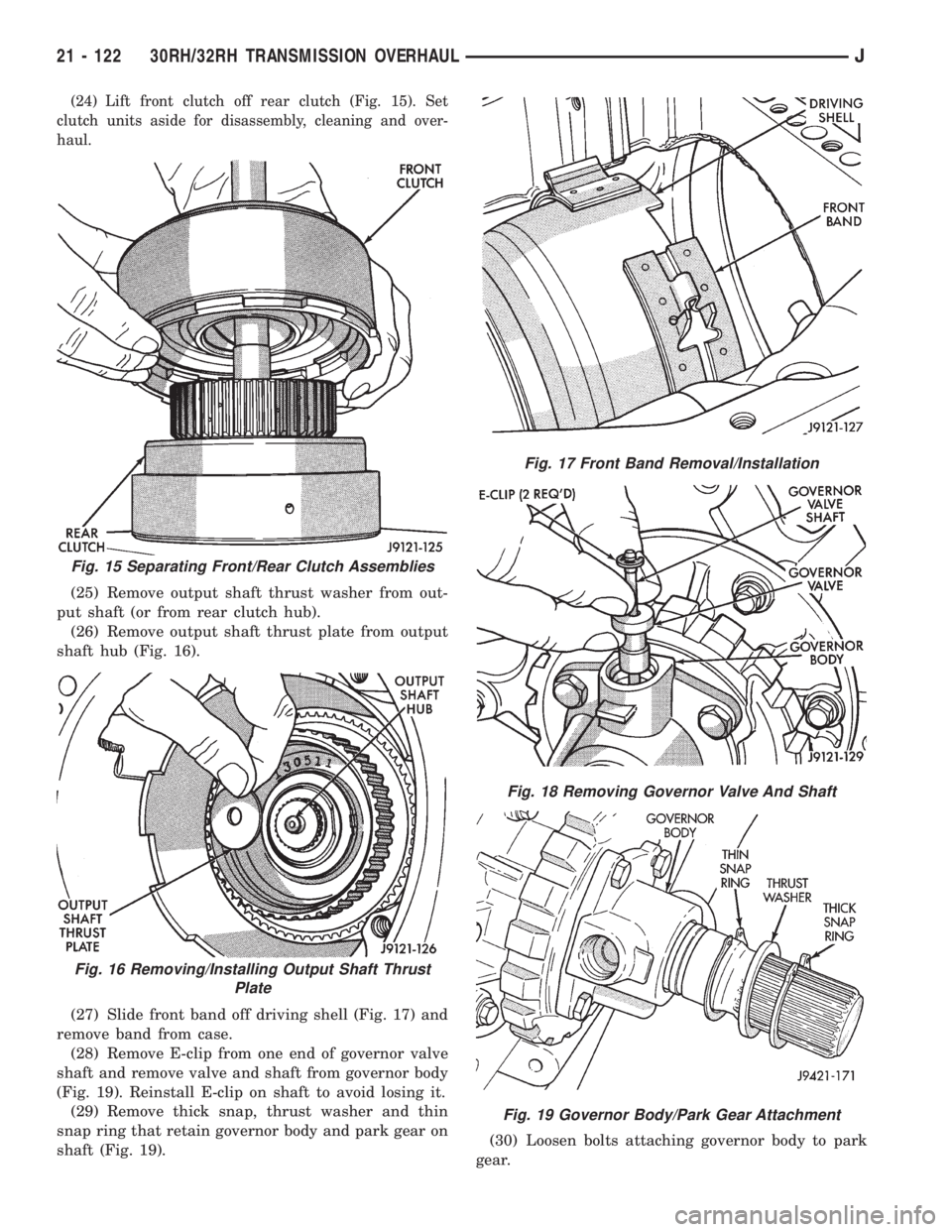 JEEP WRANGLER 1995  Owners Manual Fig. 16 Removing/Installing Output Shaft Thrust
Plate
Fig. 17 Front Band Removal/Installation
Fig. 18 Removing Governor Valve And Shaft
Fig. 19 Governor Body/Park Gear Attachment
21 - 122 30RH/32RH TR