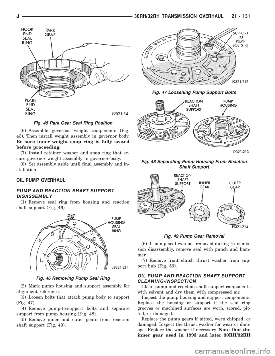 JEEP WRANGLER 1995  Owners Manual Fig. 46 Removing Pump Seal Ring
Fig. 47 Loosening Pump Support Bolts
Fig. 48 Separating Pump Housing From Reaction
Shaft Support
Fig. 49 Pump Gear Removal
J30RH/32RH TRANSMISSION OVERHAUL 21 - 131 