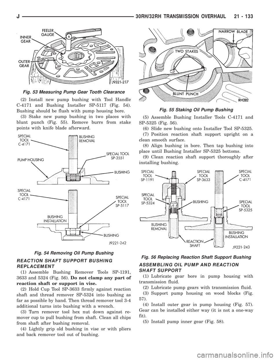 JEEP WRANGLER 1995  Owners Manual Fig. 54 Removing Oil Pump Bushing
Fig. 55 Staking Oil Pump Bushing
Fig. 56 Replacing Reaction Shaft Support Bushing
J30RH/32RH TRANSMISSION OVERHAUL 21 - 133 