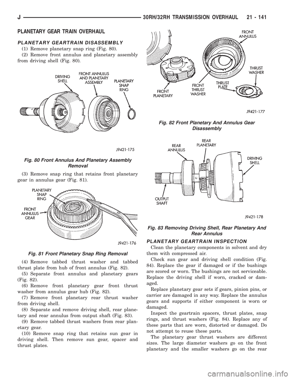 JEEP WRANGLER 1995  Owners Manual Fig. 81 Front Planetary Snap Ring Removal
Fig. 82 Front Planetary And Annulus Gear
Disassembly
Fig. 83 Removing Driving Shell, Rear Planetary And
Rear Annulus
J30RH/32RH TRANSMISSION OVERHAUL 21 - 141