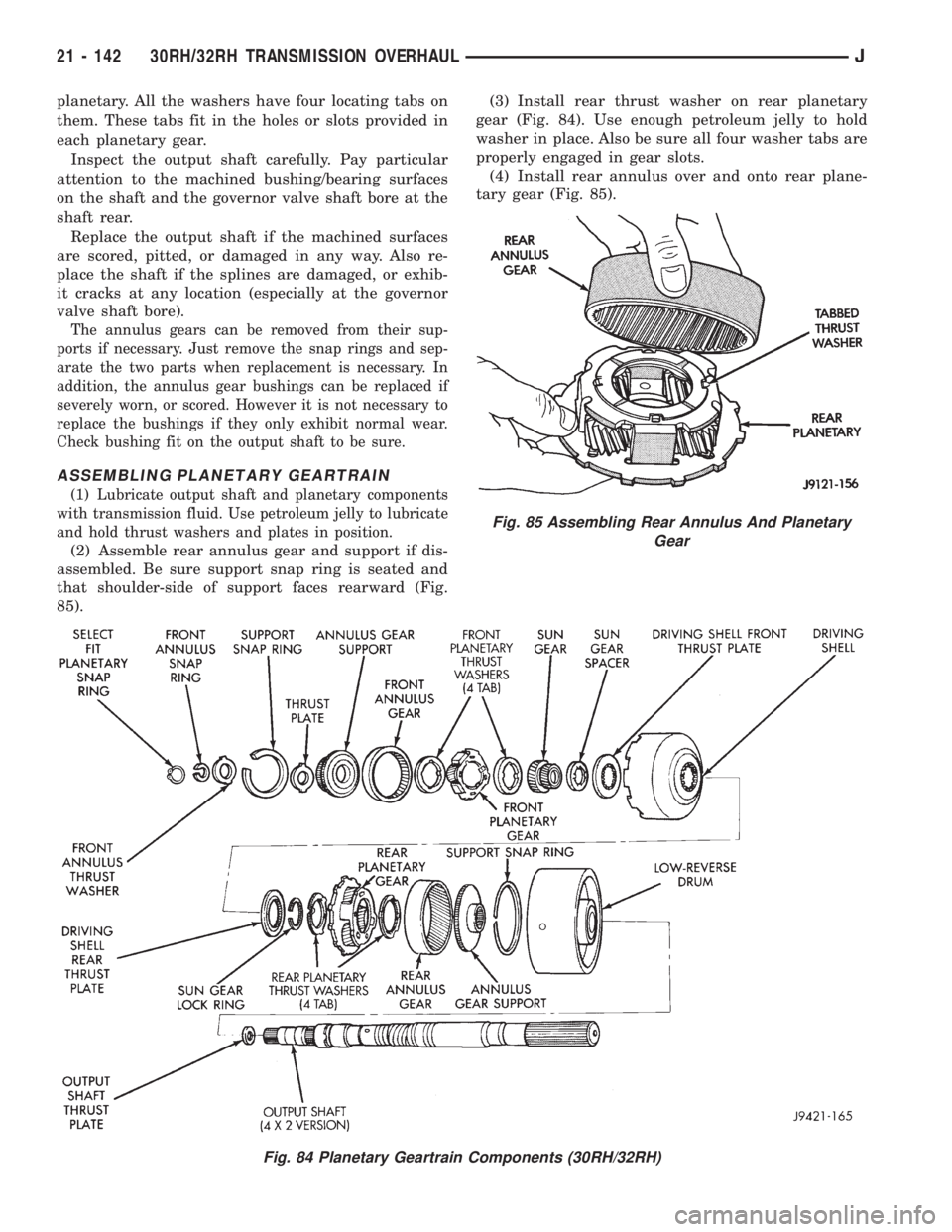 JEEP WRANGLER 1995  Owners Manual Fig. 85 Assembling Rear Annulus And Planetary
Gear
21 - 142 30RH/32RH TRANSMISSION OVERHAULJ 