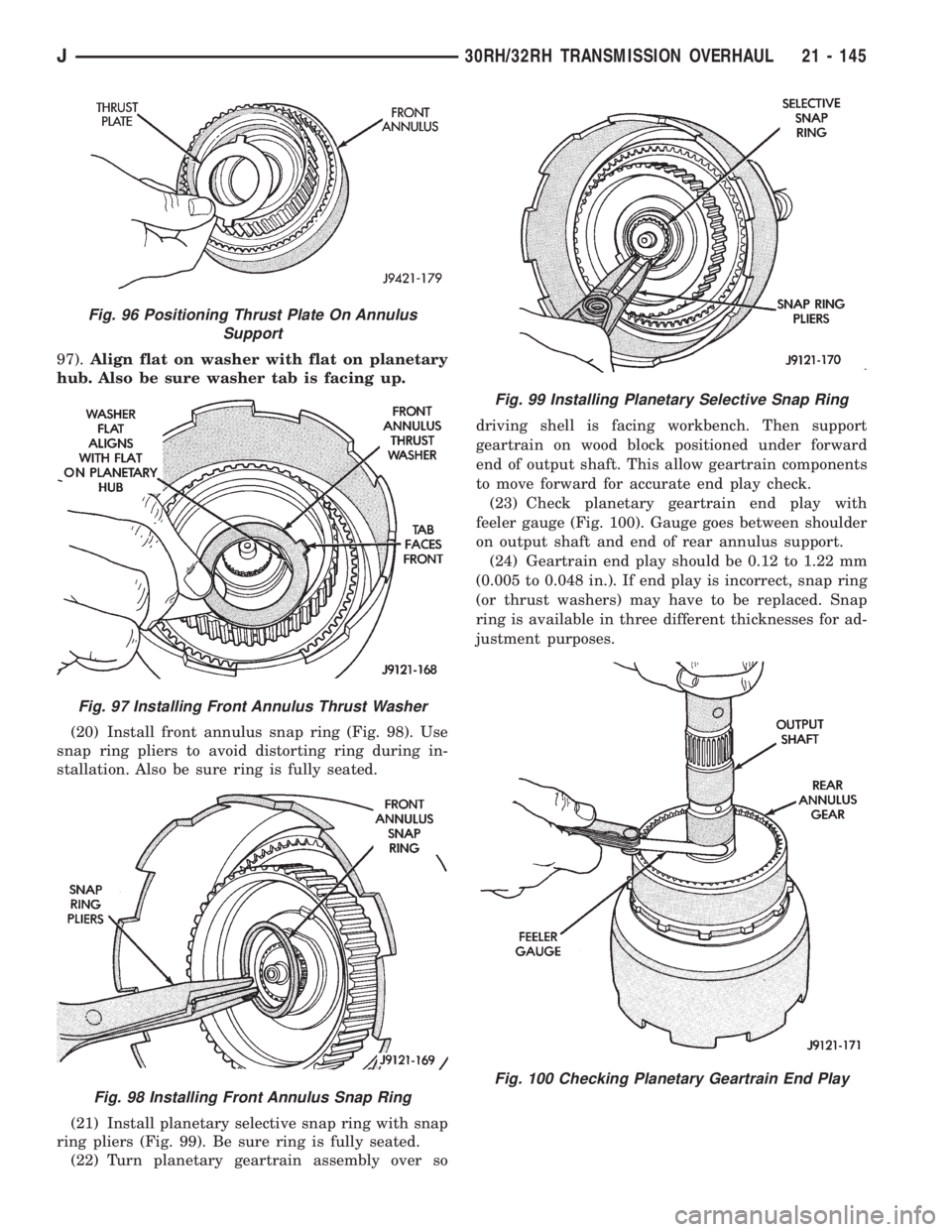 JEEP WRANGLER 1995  Owners Manual Fig. 97 Installing Front Annulus Thrust Washer
Fig. 98 Installing Front Annulus Snap Ring
Fig. 99 Installing Planetary Selective Snap Ring
Fig. 100 Checking Planetary Geartrain End Play
J30RH/32RH TRA